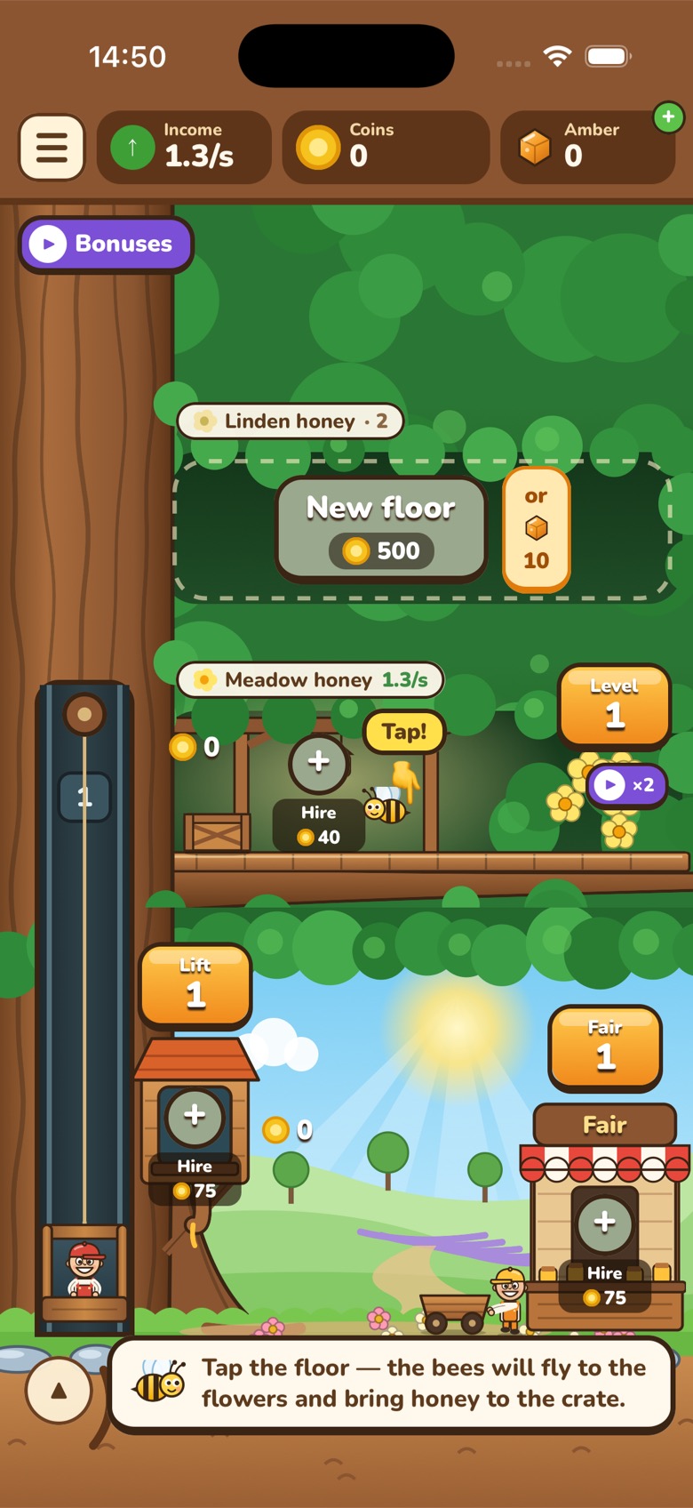 Honey Tree running on an iPhone: meadow honey, the lift and the fair at the start of a game.